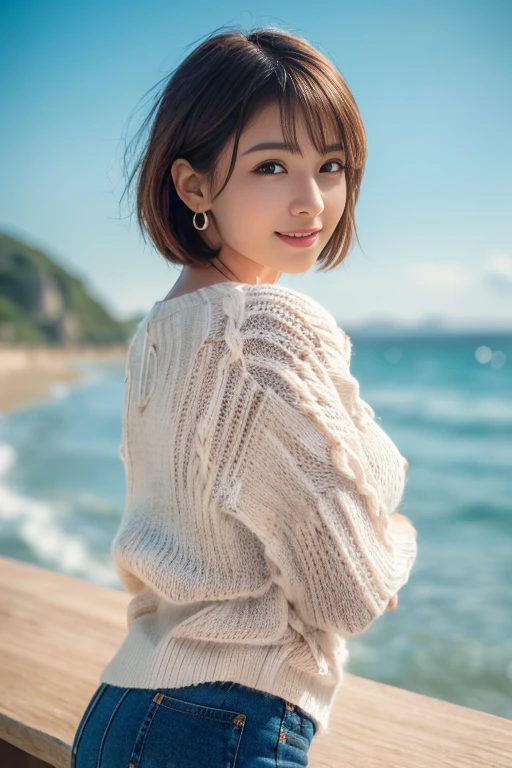 1girl, best quality, realistic, solo, depth of field, natural lighting, daytime, alluring, beautiful face, clean, pure face, pale skin, cute, short hair, beach, sunshine,flat , tiny , full body, ((sweater,beautfully face)),