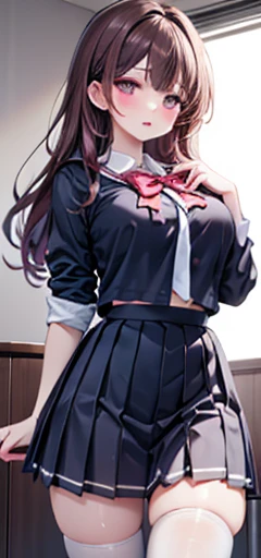 8K, detailed, anime, masterpiece, high quality, highres, best quality, highres, 1girl, disheveled hair, illustration, focus on face, simple background, long hair, socks, black hair, hair between eyes, calm, long bangs, tied hair, ribbons in hair, crimson red eyes, large breasts, breasts, perfect face, perfect legs, pleated skirt, full lips, add_detail:-9