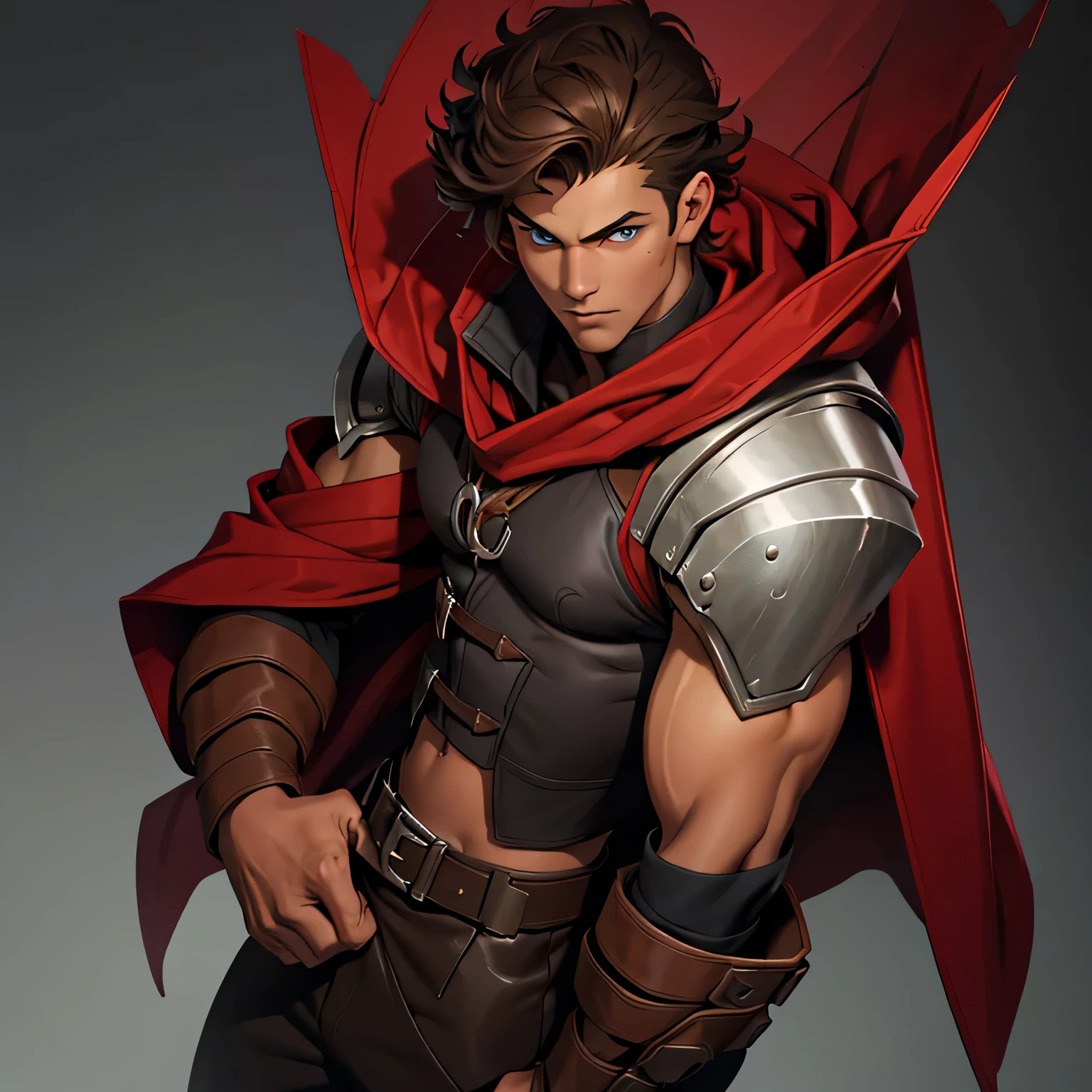 splash art of an eighteen year old boy, appearance: tanned skin, short curly brown hair, blue eyes, perfect round face, cute divine beauty, young face, slim body clothing: dark gray shirt, black vest with dark red, brown leather pants, a dark red hooded cape, gray metal shoulder pads, formal pose.