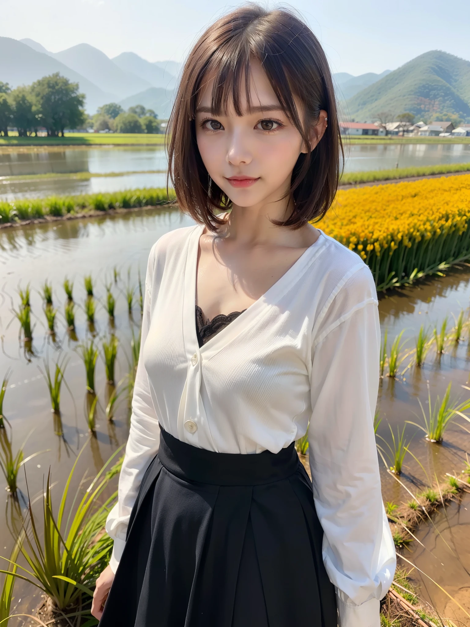 Photo Real、photoRealstic、top-quality　Beige hair、short-haired、Lots of bangs、Hair bouncing outward、bouncing hair、Messy bouncing hair、beret、wetting hair、Drenched hair　The contours of the face are round、small mouth、a small face、drooing eyes、big eye、a 、Beautiful skin　White fashionable clothes、Clothes with a collar、Clothes made of sheer fabric、White long skirt、long  skirt、Skirt to the feet、Wet clothes、damp clothing、soaked clothes、Transparent clothing　独奏、18year old、young body、skinny  body、Beautiful skins、whole body soaked、the whole body is wet　Laughing、Laughing expression、Facial expressions to enjoy、Sit elegantly in a chair、Water all over the body、Wet in the rain　Background with、Sateen、Very heavy rain、Heavy rain、puddle、in woods、Sunlight shines in、Shade、beautiful forest、Wooden chair、vases