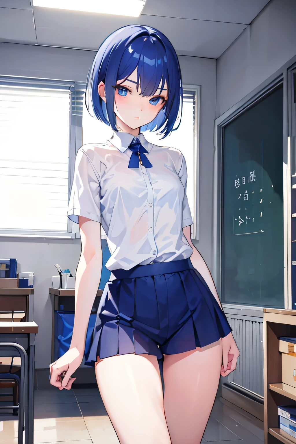 One girl,alone,kiritani haruka,Blue Hair,Blue Eyes,project sekai,Short Hair,cute,cute,smile,uniform,School classroom,skirt,Show your pants,nsfw,Panty shot,