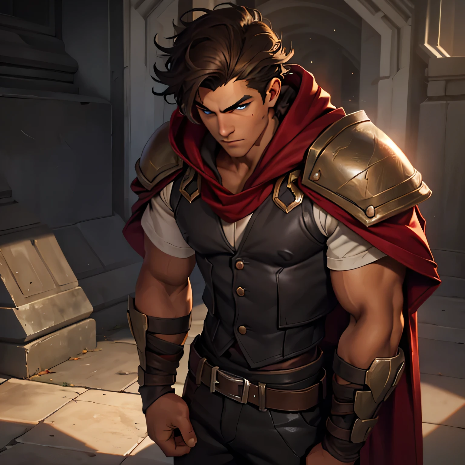 splash art of an eighteen year old boy, appearance: tanned skin, short curly brown hair, blue eyes, perfect round face, cute divine beauty, young face, slim body clothing: dark gray shirt, black vest with dark red, brown leather pants, a dark red hooded cape, gray metal shoulder pads, formal pose.