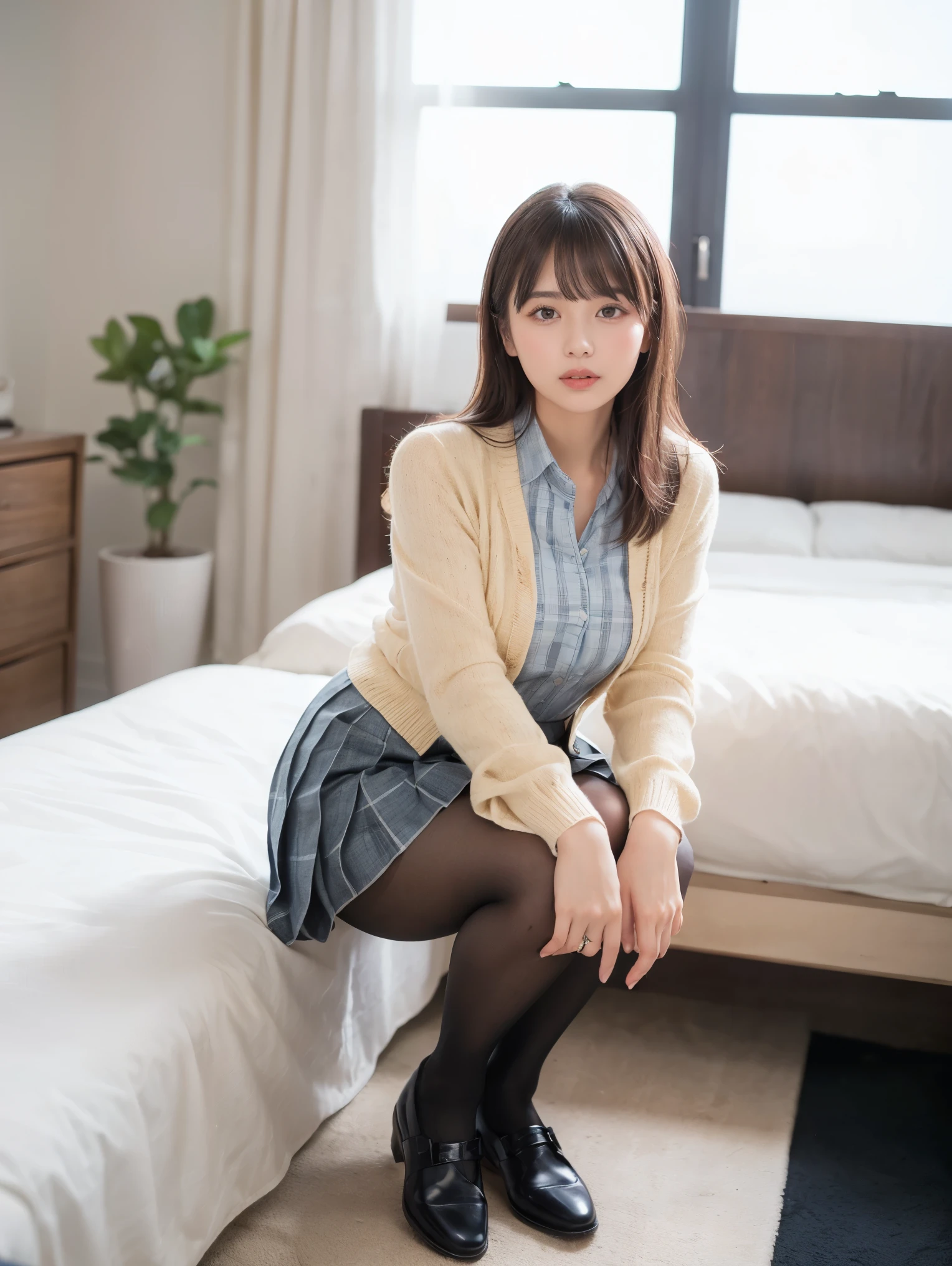 (Highest quality、masterpiece:1.9)、((Neat and clean female college student、1 person))、Soft lighting by a professional photographer、Natural light、((Very spacious white luxurious room:1.6))、((Bright white room:1.6))、(Sitting on a very luxurious white bed:1.2)、(White Bookcase:1.1)、Natural soft light、((Brown Hair:1.1))、Fair skin、Detailed Eyes、double eyelid、Slightly puffy cheeks、((Small Face:1.0))、((Checked one-piece shirt、Grey mini skirt、Please wear it with the chest open.:1.2))、(smile)、((Girly pose 1.8))、High resolution,、((Long Hair:1.2))、((Full Body Shot:1.2))、Live-action image quality、((Height: 150cm))、Hands in front、Hide your hands between your legs、Please wear it with the chest open.、Live-action image quality、(No bangs:1.5)、F cup big breasts