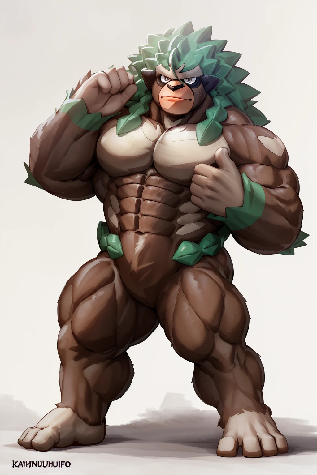 ((rillaboom,pokemon,male furry)), white eyes,orange snout,(soft shading), 4k, hi res, five fingers, detailed hands, ((detailed face, (detailed eyes:1.3), detailed)), (((full body:1.6))),show legs,show feet,(by kamyuelo:0.8,by takahirosi:1.2), solo, looking at viewer, 1boy, standing, full body, male focus,((sfw_nudiest:1.7)),(((wide_chest,wide_abs,wide_legs,wide_feet,big muscular,better eyes,better pupils,better hands,bettengers,bettest))),random muscle posing, smile,white background