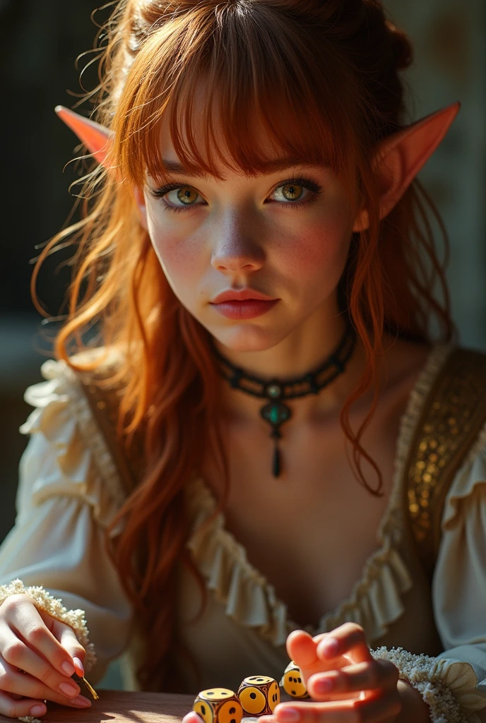 Masterpiece, Aesthetic artwork, Elf girl, elven features, high cheek bones, thin face, full lips, thin nose, realistic elf, aristocratic features, Ginger hair, red hair, shoulder length hair, wavy ginger hair, Pointed elf ears, elf ears, Big eyes, round eyes, realistic eyes, crystal blue eyes, bright blue eyes, body, runner’s body, thin, pale skin, imperfect skin, some small freckles, goosebumps, innocent, textured skin, skin pores (1.1), moles (0.8), A-cup, small breasts, chest, Long legs, small feet, narrow hips, Standing in a busy street, fantasy city, fantasy city street, medieval aesthetic, gloomy city, dark city, dressed in a burlap sack, exposed arms, exposed legs, bare arms, bare legs, visible arms and legs, Extremely detailed (8k wallpaper), high quality, film grain, Fujifilm XT3 sharp focus, f 5.6, 50mm, High Detail, Sharp focus, (outdoor light), crazy details, complex details, hyperdetailed, strong lighting with shadows, hard and soft shadows
