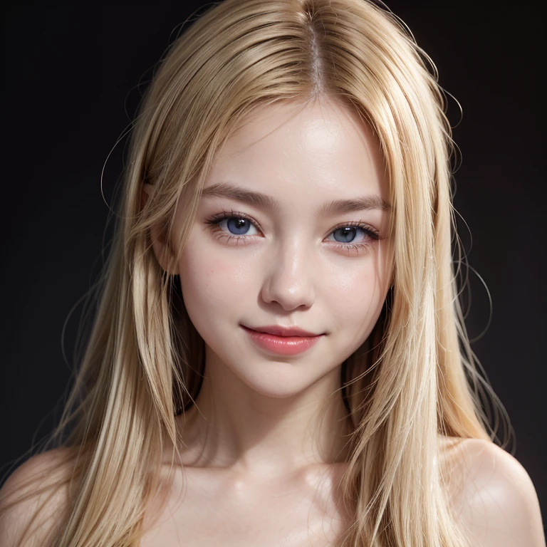 Tight black and orange top:1.2, looking at the audience, movie theater lighting, perfection, soft light, High Resolution Skins:1.2, realistic skin texture, 18-year-old、small face、professional makeup,Show your shoulders,Bust C cup、blue eyes, good, shining blonde hair、Completely naked、gray background、I can see the abdomen、ecstasy、sexual excitement、sexual pleasure、Sloppy mouth、open your mouth、A look of pleasure、