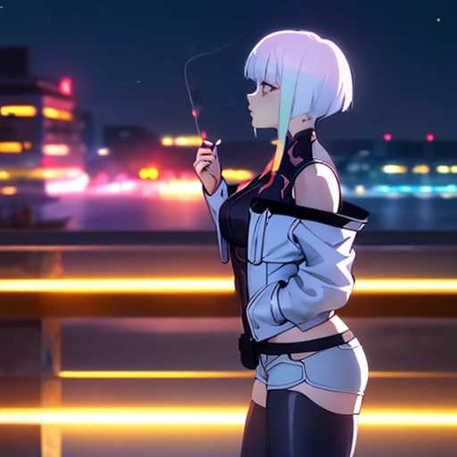 Lucy \(Cyberpunk\), 1 Girl, against railing, armrest, Bangs, Bare Shoulders, belt, black belt, black Tights, Black pants, Vague, Bob Cut, breast, architecture, cigarette, Cityscape, Clothing Cutting, cropped jacket, Cyberpunk, Depth of Field, From the side, Gradient eyes, Gray Eyes, Gray Hair, Keep, Keep cigarette, jacket, Tights, Lips, Long sleeve, Looking beyond, Looking forward, Mechanical parts, medium breast, Multi-colored eyes, Colorful hair, night, night Sky, Off-shoulder, Open clothes, open jacket, outdoor, pants, parted Lips, railing, Red Eyeliner, Science Fiction, Short hair long hair, short shorts, shorts, Side lock, Sky, smoke, Smoking, Solitary, Standing, teeth, Thigh split, upper teeth only, white jacket, white shorts, Cyberpunk \(series\), Cyberpunk edgerunners

