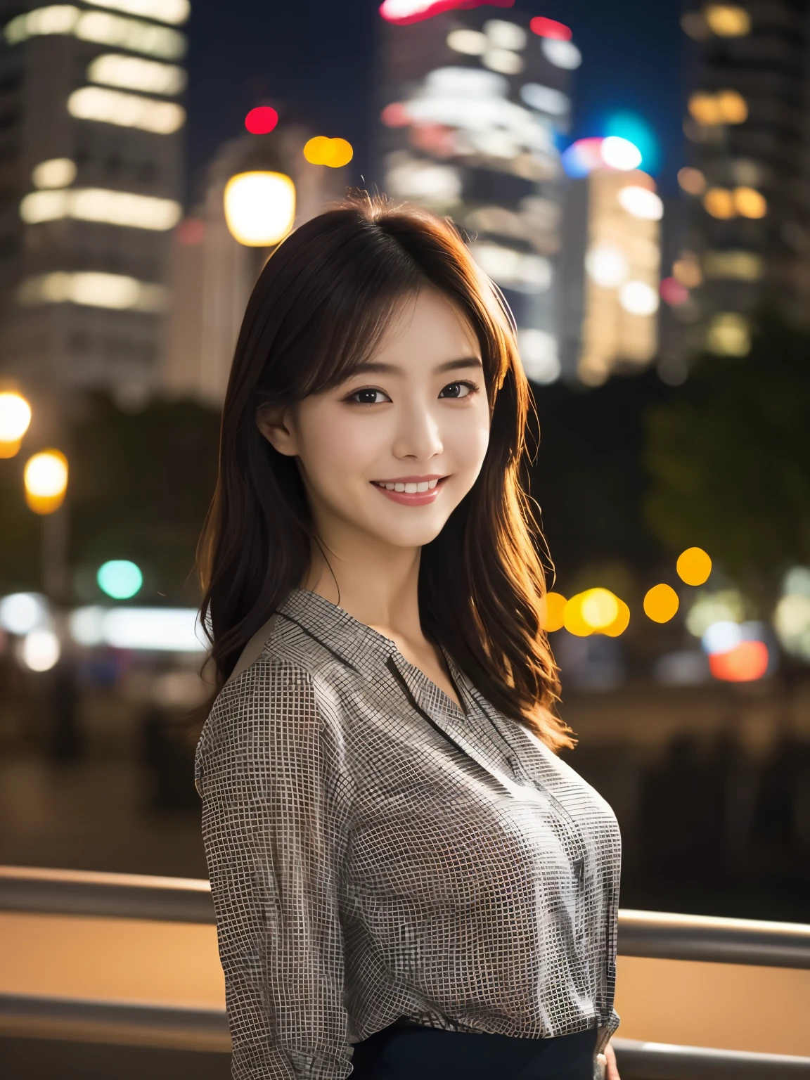 1 girl, (wearing a Check pattern red blouse:1.2), Beautiful Japan actress,
(RAW photo, highest quality), (realistic, Photoreal:1.4), masterpiece,
very delicate and beautiful, very detailed, 2k wallpaper, wonderful,
finely, Very detailed CG Unity 8K wallpaper, super detailed, High resolution,
soft light, beautiful detailed girl, very detailed目と顔, beautifully detailed nose, beautiful and fine eyes,
cinematic lighting, Against the backdrop of the cityscape at night, city lights, perfect anatomy, Random Body Orientation, slender body, smile