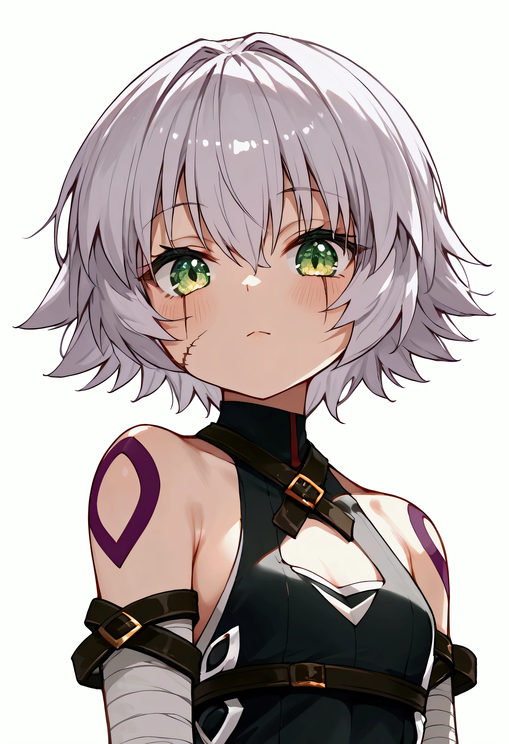 nai3, close up, masterpiece, best quality, bokeh, cute, Masterpiece, best quality, score_9, score_8_up, score_7_up, 1girl, solo, jack the ripper \(fate/apocrypha\), close-up, portrait, short hair, grey hair, green eyes, scars, scar on right eye, scar on left cheek, shoulder tattoo, bandages, bandaged arm, arm belt, belt, sleeveless, fingerless gloves, single glove, neutral, innexpressive, standing, arms at sides, upper body, below view, looking at viewer, white background, simple background