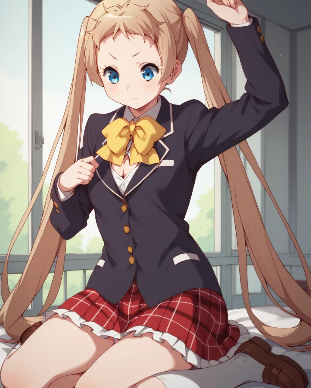 (Tabletop), highest quality, High resolution, 4K, One Girl, alone, blush、Nice hands, 1 in, Side Ponytail, Long Hair, Ahoge, Cute Underwear、Red Bow, White socks, 