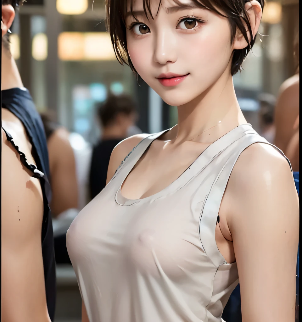 Best Quality、8k、masterpiece、Ultra-high resolution、Clear Photo、Realistic、detailed、Professional Lighting、detailed、detailed、(Very cute girl、beautiful girl、Cute Yoda Yuki、The cutest in the world)、baby face、Small Face、smile、(Very short hair:1.6)、Brown Hair、Beautiful Hair、Ultra slim、Delicate body、Beautiful Eyes、(Small breasts、Flat Chest、Large erect nipples)、Narrow waist、((濡れた白いTank topsを着ています:1.8、(Tank tops:1.8)、タイトなTank tops)、(Soaking wet)、Wearing white panties)、(Full body photo)、((Pachinko parlors)、stand、(There are many men behind me..:1.4))