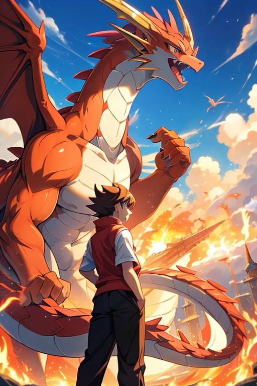 a close up of a cartoon character standing in front of a crowd, a picture inspired by Pinchus Kremegne, shutterstock, shin hanga, slifer the sky dragon, fearow, anime”, pokemon anime style, dragon in the background, anime style”, colossal dragon in background, misty from pokemon, gelbooru anime image, safebooru anime image