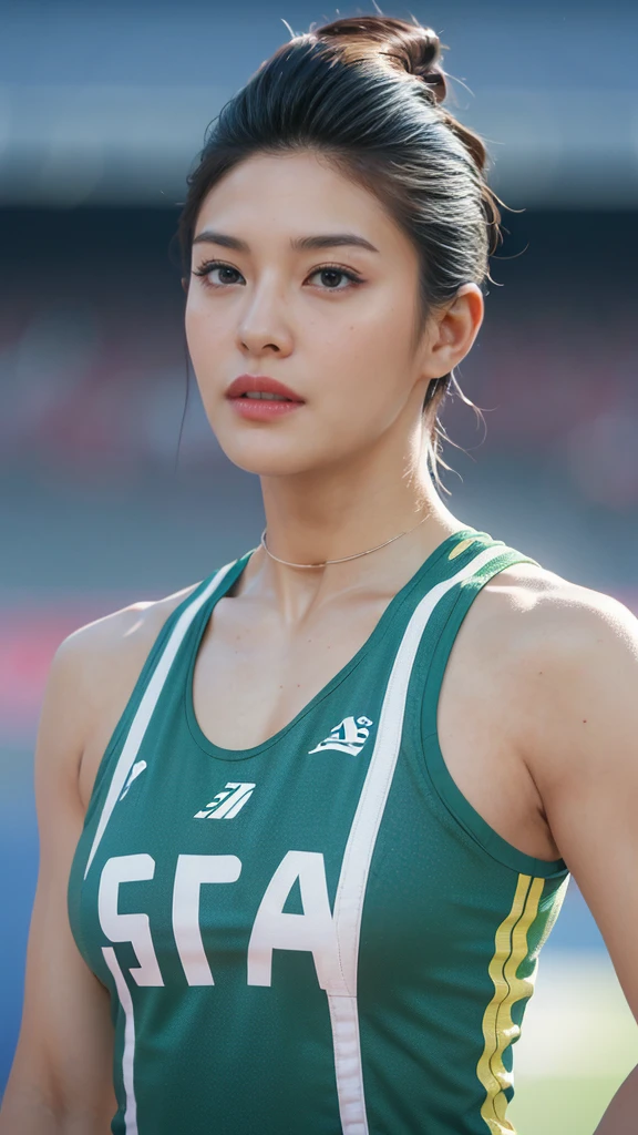 　solo, (((Look straight ahead and direct your gaze))), High resolution, masterpiece, Very anatomically correct, Winner of numerous awards, High detail, woman、Very detailed, Ultra high definition, Textured skin, ((Very short hair with shaved sides)), Large Breasts、ノーメイク、Track and field athlete、((((The background is an athletics stadium)))),