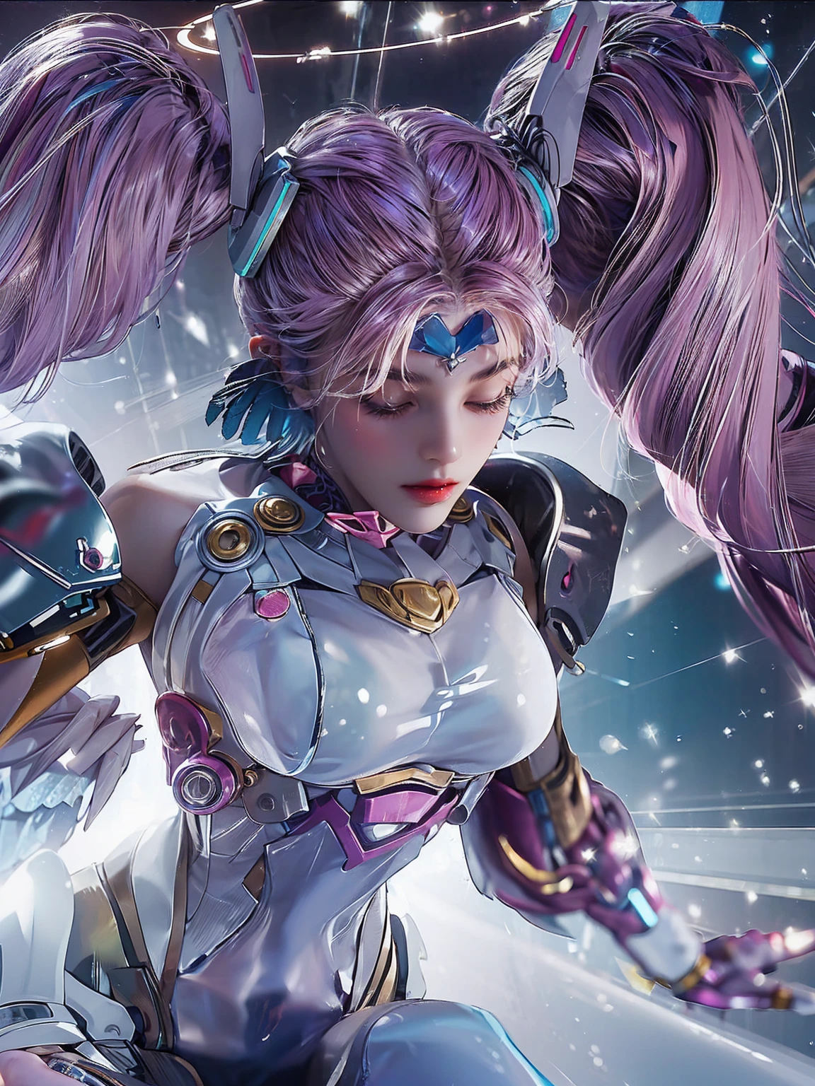 1girl, 独奏, Masterpiece, computer graphics, 8K, RAW photo, a painting, Simple background, (looking up at the camera:1.2), Cowboy shot, Standing, Posing, ultra detailed skin, (ultra detail face:1.2), (pink irises:1.3), Lashes, black eyeliner, black eye shadow, crown, braided hair, Forehead tattoo, Short hair, pink hair, pony tail, handsome body, detailed suit, Long Dress, High slots, detached sleeves, large breasts, white stockings, knee boots,