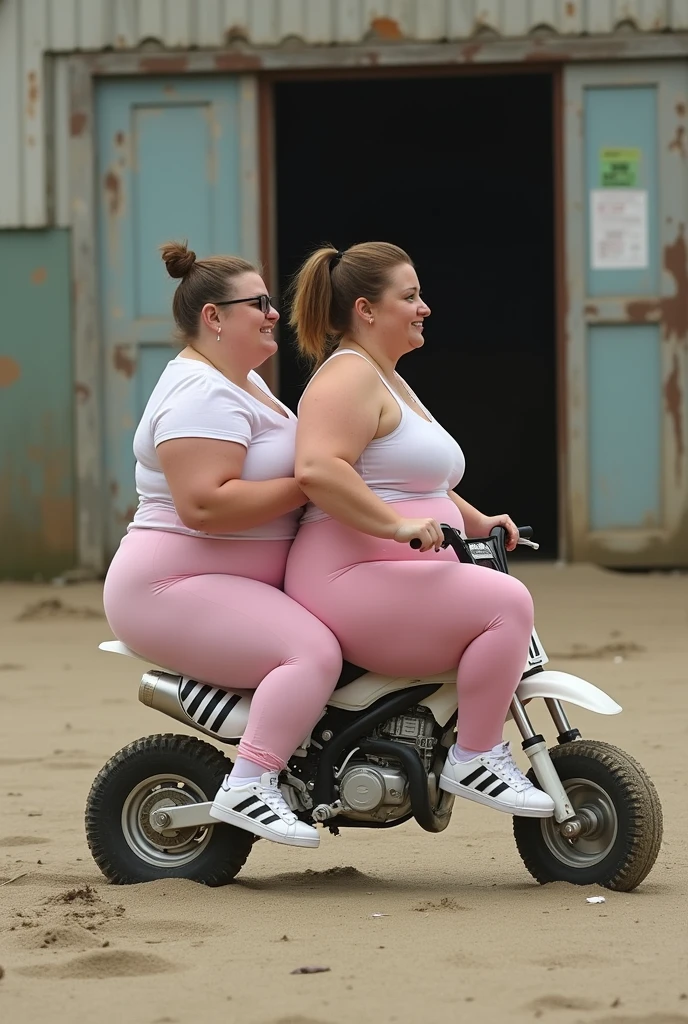 Two plus size model women have a lot of fat on their stomach and buttocks and weigh 200kg, they gained weight by eating too much, they are blonde haired obese women with very big stomach and buttocks, they are plus size models and their whole body is covered with a lot of fat, they are riding bicycles in colorful swimsuits, 4K quality