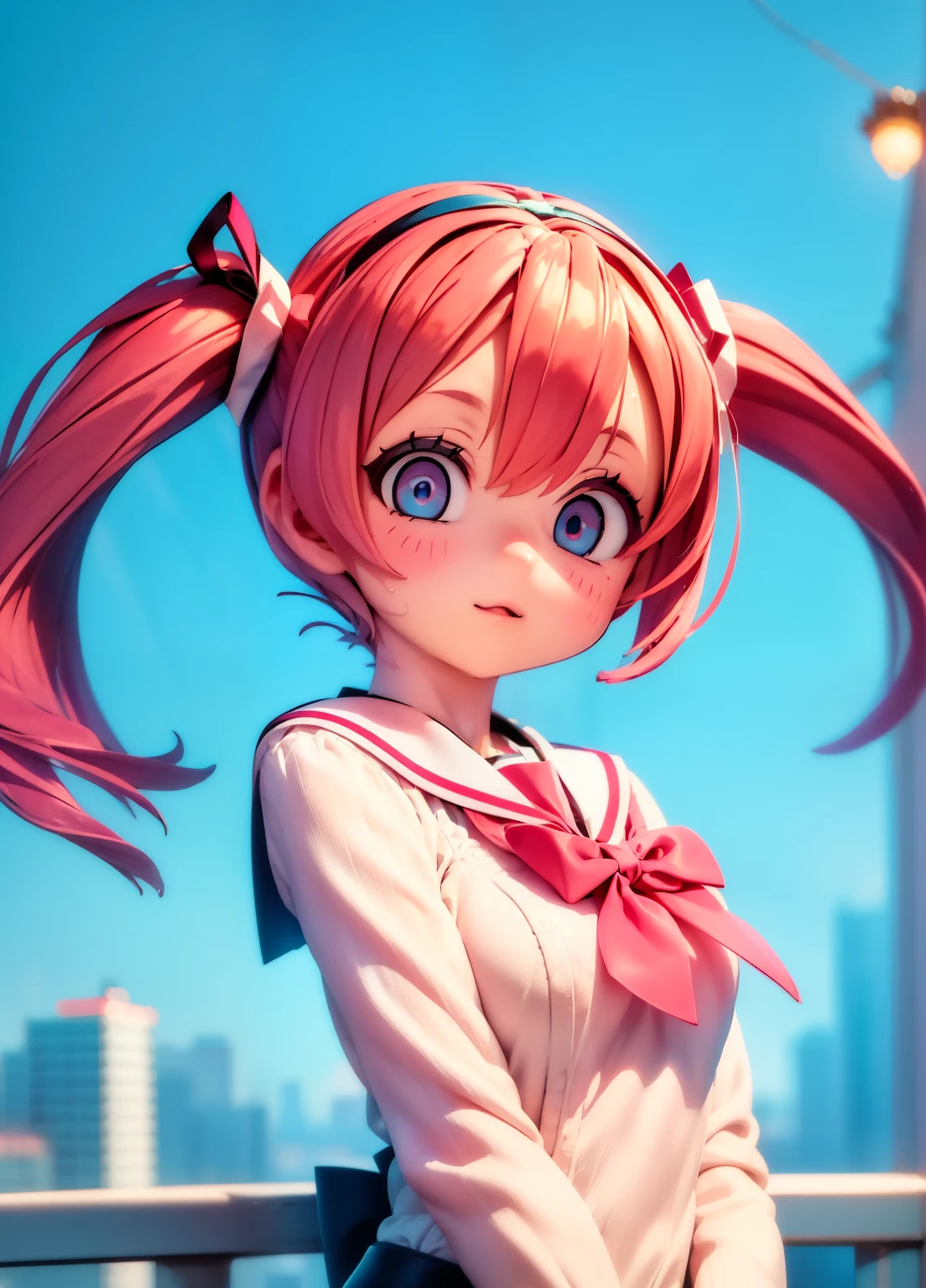 (masterpiece、Best Quality、Best Quality、Official Art、Beautiful and beautiful:1.2)、(One person:1.3)Hatsune Miku、Twin tails,Beautiful breasts,Ski Style, One person女の子, Alone, Pink Hair, Animal ears, blue eyes, Wings, View your viewers, bangs, short hair, bow, Sailor collar, white Sailor collar, hair bow, pink bow, Mouth closed, shirt, white shirt, bear ears, Bobcut, Mini Wing, Portrait, separation wing, compensate, Upper Body, City in the background