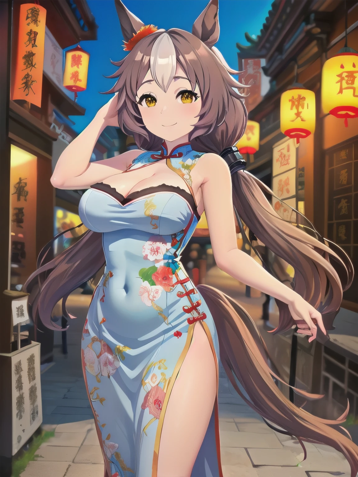 ((Best Quality, masterpiece, High resolution)), One person, Yamanin Zephyr\(Uma Musume\), smile, Standing, Cleavage, Horse tail, Perfect hands, Large Breasts, Light Blue Chinese Dress, slit, Chinatown, Tight Chinese clothes, 片側slit