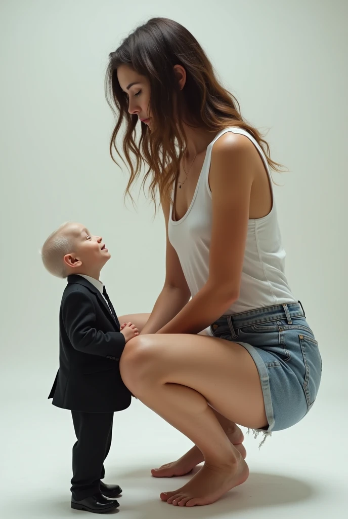 Beautiful mature Caucasian woman standing naughty and dominant in nude, with thick and big thighs, He has a small, thin boy in trousers and a school uniform on his knees., who is afraid in the office