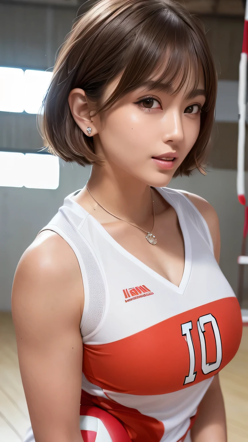 (8K, High level image quality, high quality, High resolution, masterpiece), Two Japanese beautiful Gal:1.4, High resolution, Super detailed, Highly detailed CG Unity 8K wallpaper, realistic, photo-realistic, RAW photo,  beautiful detailed face, white skin, realistic skin, fine cloth texture, detailed hair texture, perfect proportions, beautiful face, Accurate, anatomically correct, Highly detailed face and skin texture, natural neck length, (beautiful hand air skin:1.4), sexy thighs, fine eyes, symmetrical eyes, light brown eyes, double eyelid, thin eyebrows, (glossy lips:1.4), (embarrassing smile:1.4), Bright and shiny lips, Keep staring at me, (classy and cute girl:1.4), (short hair volleyball player, Cute Volleyball Uniforms:1.4), earrings, chain necklace, (big breasts:1.4), (pretty big hip:1.4), (beautiful curves), 18 years old, (dark brown hair, wavy hair), ((short hair, asymmetrical bangs:1.2)), (Look up at the viewer with their gaze:1.3), volleyball court is the background, From the front:1.2