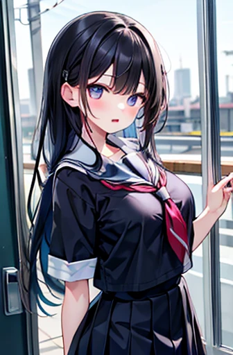 {masterpiece}, {Best Quality},One girl,School_Uniform,Large Breasts、Long black hair、