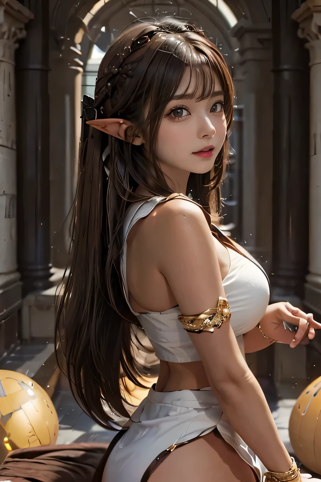 Ultra-detailed complex 3D rendering of the face, (Colossal: 8.8), (masterpiece, top quality, octane rendering, 8K), glamour shot full body image, very beautiful young elf, cleavage, (very detailed skin: 1.2), (exposure: 1.1), brown hair, (((((White micro bikini: 1.95)))), beautiful Caucasian woman, with full soft breasts and dark skin with big buttocks, one, Long braided hair, big breasts, dynamic angles, mystical expressions, ultra-realistic photos, (((((bare feet))), futuristic urban background, facial muscles, detailed and beautiful gold crown, in the style of Marvel Comics, ArtStation trends, clear focus, studio photography, intricate details, highly detailed, detailed red eyes, very detailed, sharp focus, Digital rendering, professional, abs, dark gray background, shot with Canon EOS R 6, (Saint Seiya: 1.4), detailed jewelry necklace,detailed jewelry bangles, (Sexy Pose)))), (Buttocks: 1.4), exposed panties, exposed butt groove, under, spread crotch,