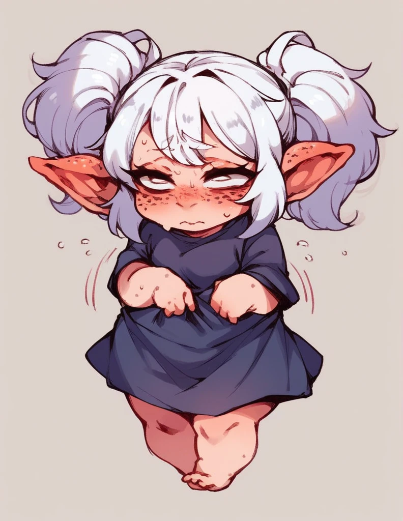 A goblin girl ,2.5D,stortstack,{{Wearing a sheer short-sleeved top}}（white  Hair,Double ponytails）,bangs（Heavy sweating）Shy expression，blush，Freckles on the face，chubby,white eye，Short legs