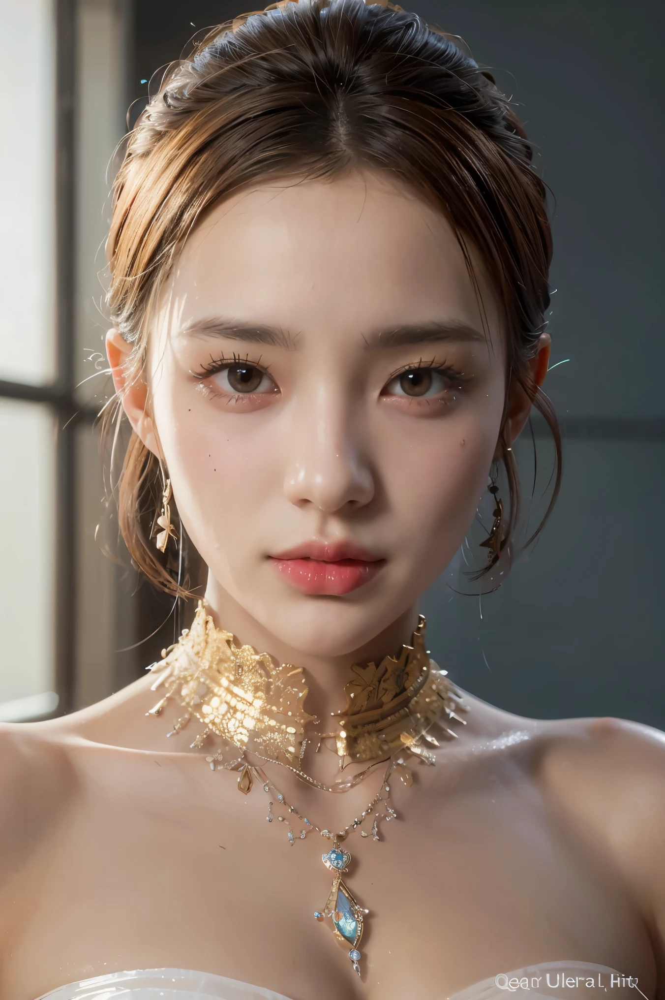 Game Art，CG Animation，Best image quality，Maximum resolution，8K picture quality，(A bust photo)，(portrait)，(Head close-up)，(Rule of Thirds)，Unreal Engine 5 rendering works，20 year old girl，((Queen))，The eyes are very detailed，(Large Breasts)，Elegance and nobility，Light，Light line tracing，Game CG，((3D Unreal Engine))，OC rendering reflection mode，4K，Ultra-clear，Translucent lace，Fair and plump figure，Pretty Face，Light Gel Coat，Queen wearing a luxurious gown，Gorgeous clothing，Luxurious and exquisite jewelry，Colorful makeup，Gorgeous black long dress