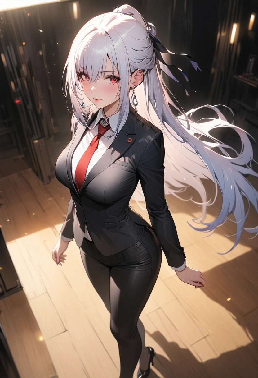 a woman wearing a tailored suit with trousers, a tie,  well-dressed elegant, high-quality clothing, formal attire, office wear, sharp dressed, classy, detailed, highly detailed, realistic lighting,  studio lighting, full body,masterpiece, jingliu,1girl,white hair,long hair,ponytail,hair ribbon,red eyes, earrings, jewelry, whole body