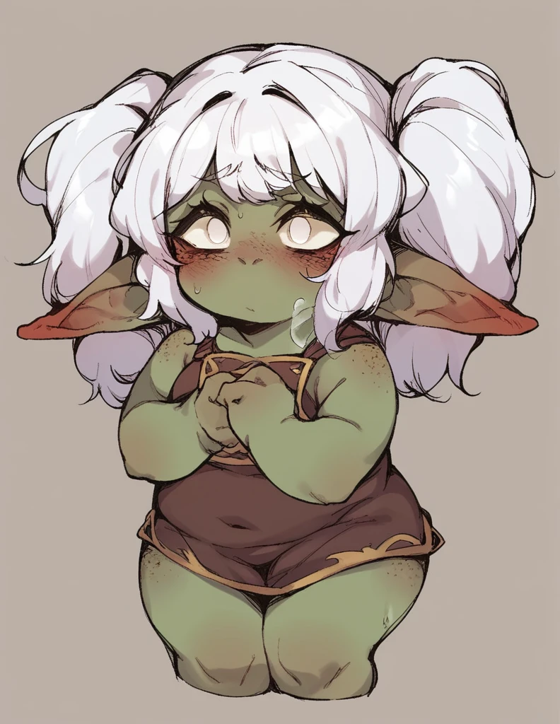 A goblin girl ,2.5D,stortstack,{{Wearing a sheer short-sleeved top}}（white  Hair,Double ponytails）,bangs（Heavy sweating）Shy expression，blush，Freckles on the face，chubby,white eye，Short legs,Pointed ears, 