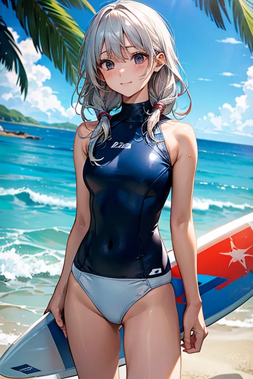 A woman with silver bob hair and blue eyes, (She is looking down), extremely detailed and realistic, masterpiece quality, ultra-detailed, HDR, vivid colors, physically-based rendering, thick thighs, (scornful grin),  she is a surffer, long thick muscular thighs, wearing wet suit, sun, sea, (she is riding a big wave while surfing), (she is a surfer), (she is standing on the surfboard)