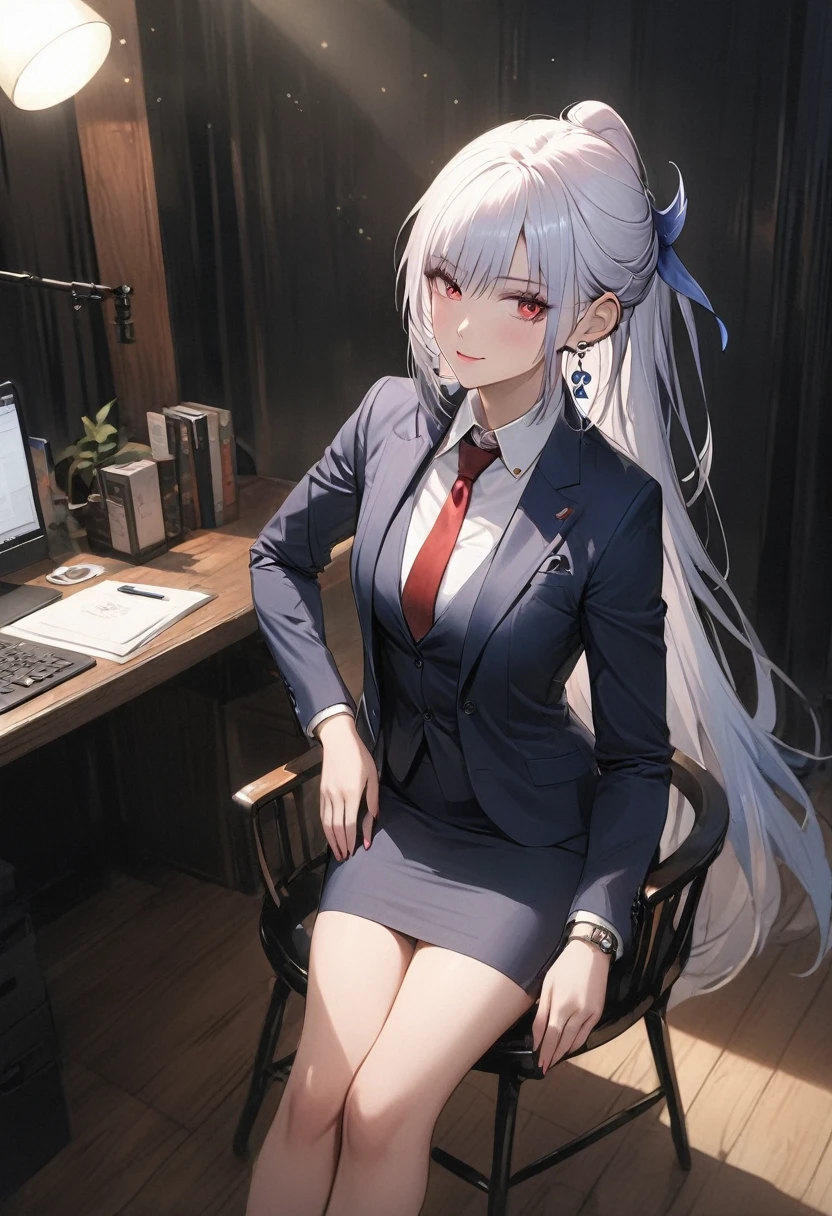 a woman wearing a tailored suit with trousers, a tie, well-dressed elegant, high-quality clothing, formal attire, office wear, sharp dressed, classy, detailed, highly detailed, realistic lighting, studio lighting, full body,masterpiece, jingliu,1girl,white hair,long hair,ponytail,hair ribbon,red eyes, earrings, jewelry, whole body
