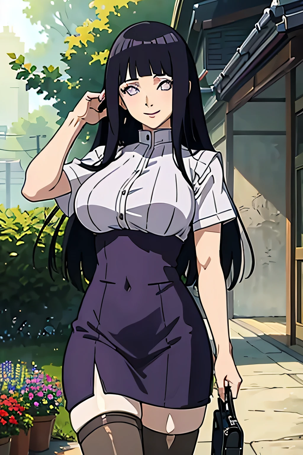 (((Masterpiece))), hyuga hyuga, 1girll, Solo, Long hair, Smile, Large breasts, Black hair,White shirt, Purple eyes, Blunt bangs, White eyes, Masterpiece, Best quality, Highly detailed, mature female, stockings, massive breasts