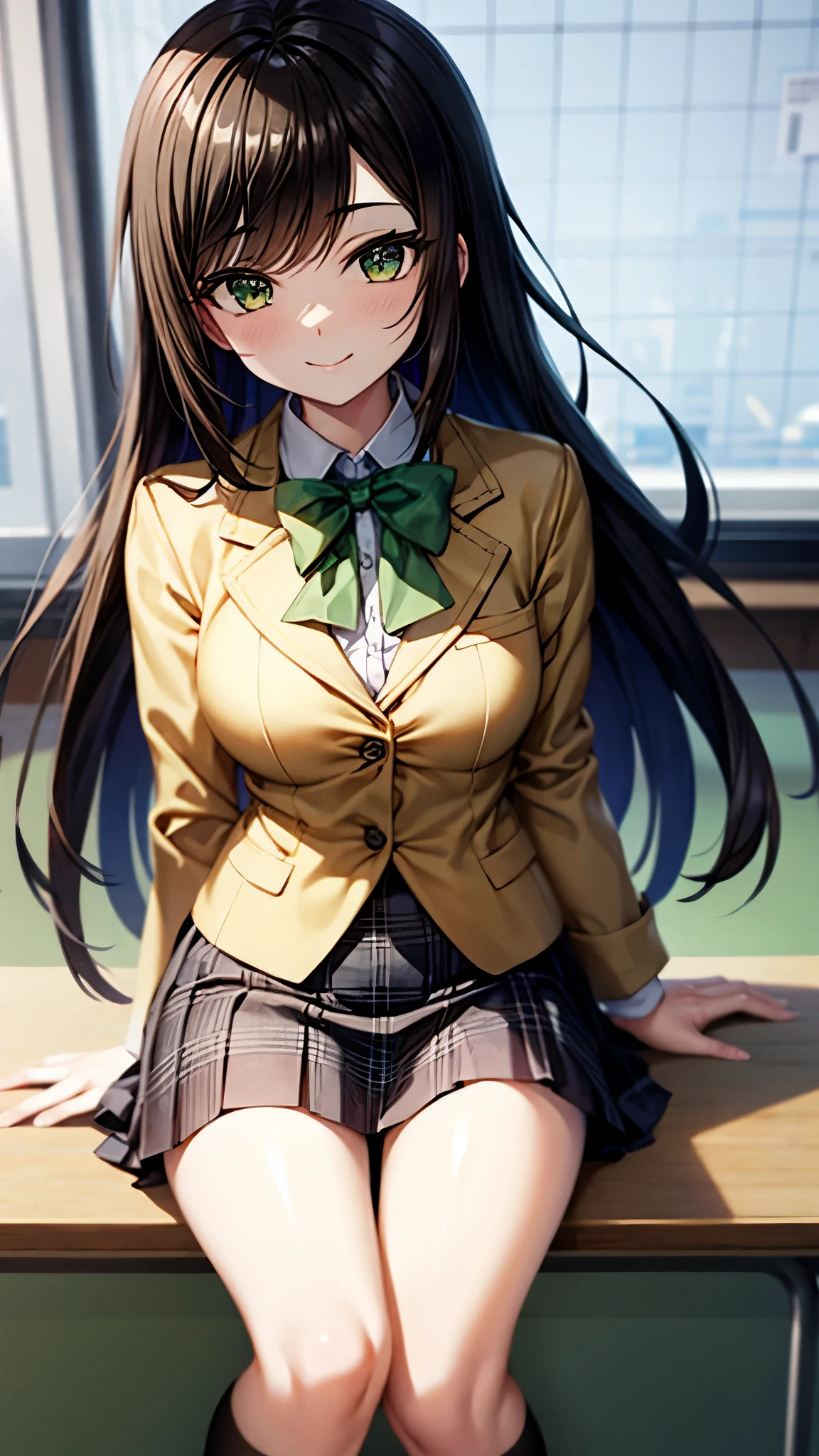 Minami Kotori、Minami Kotori、Brown hair、(Brown Eye Degree:1.5)、One side up、Hair Ribbon、bow ribbon、long、Break the blazer、a blue skirt、jaket、Otonokizaka Uniform、pleatedskirt、student clothes、Winter clothes、Looking for a break viewer、Indoor break、Classroom、BREAK (masterpiece:1.2)、top-quality、hight resolution、unity 8k wall paper、(illustratio:0.8)、(beatiful detailed eyes:1.6)、extra detailed face、Perfect litthing、Highly detailed CG、 (perfect hand、perfect anatomia)、A smile、Naughty big、large full breasts、,(Skirt lift:1.3), (white panties:1.3)、(Skirt that rolls up:1.3)、(Fully exposed panties:1.5),(is standing:1.3)、