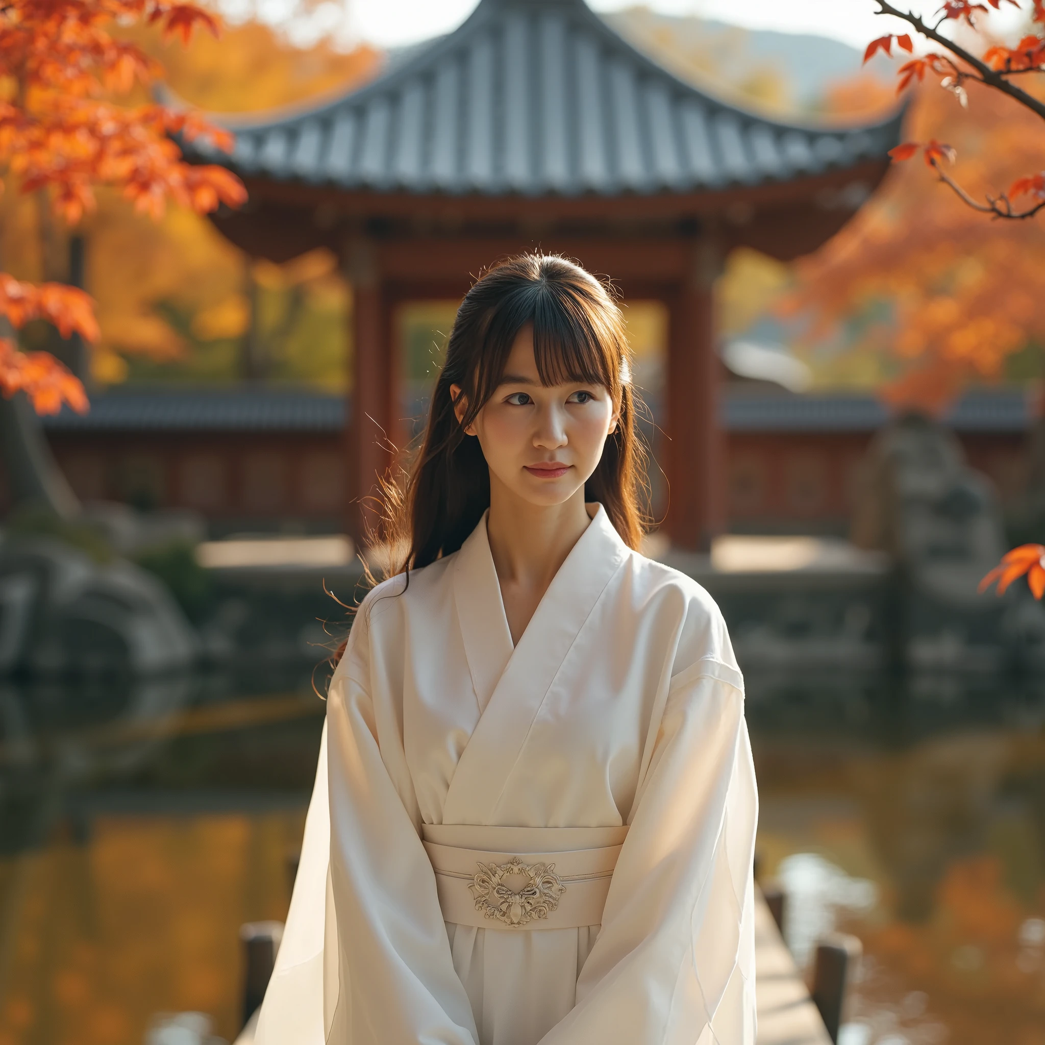 Photograph of The photo of a young east-asian woman with long dark hair and bangs, wearing a white kimono. She is standing in front of a wooden gazebo with a view of a traditional Japanese temple in the background. The woman is looking off to the side with a thoughtful expression on her face. The temple is surrounded by trees with orange and yellow leaves, and there is a body of water in the foreground. The sky is blue and the overall mood of the image is peaceful and serene.. expansive bird's eye view composition. in a magical, otherworldly realm. at the stroke of midnight. with warm, golden sunlight just before sunset. shot on Leica M11. in timeless black and white