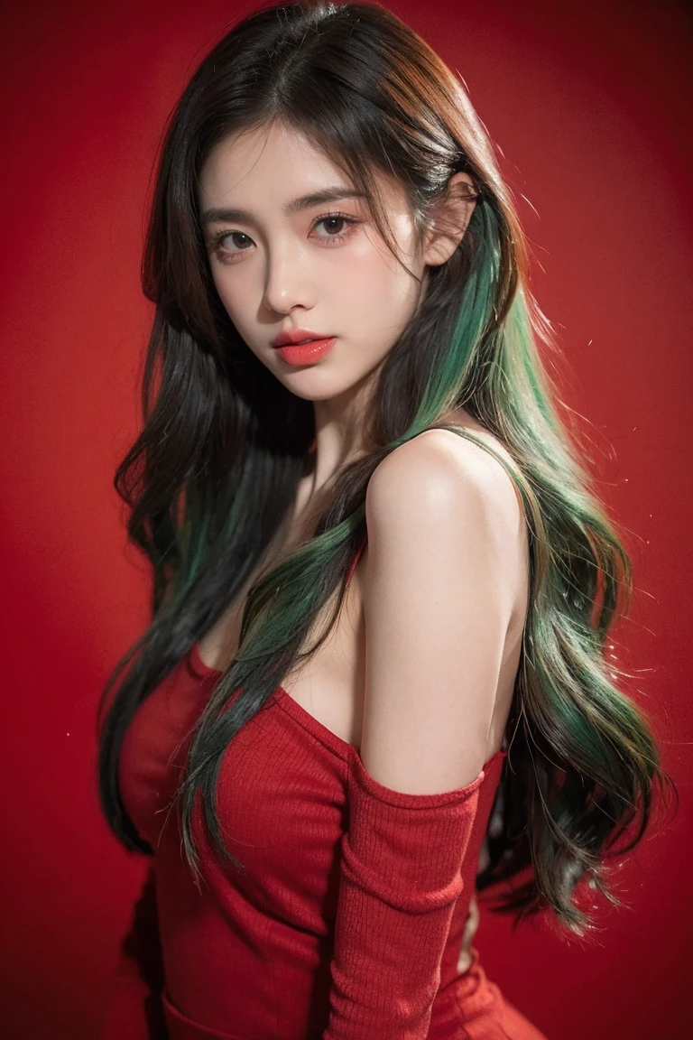 21yo girl, green hair, applying body lotion, red pink background,
