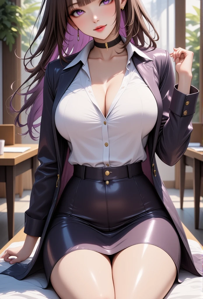 1 mature beautiful woman,(Best Quality,Extremely detailed depiction,Incredibly absurd high definition,Anatomically accurate,Beautiful legs,Detailed pupil,Porcelain-like skin,High quality anime drawings:2.0),(Office Lady,An excellent female secretary,Villainess,Glasses:2.3),(business suit,Latex tight skirt,Formal Shirt,tie,Black tights,Luxurious accessories,Black Leather Choker,High heels),eyelash,(Purple Eyes,Crazy Eyes,Half-closed eyes:2.0,Large Breasts,Wicked Smile:2.3,Glossy lips,Mouth open:2.0,Touching your mouth with your fingers:2.0,Seductive gestures:2.0,forward leaning posture,blush),whole body:2.0,:From below:1.5