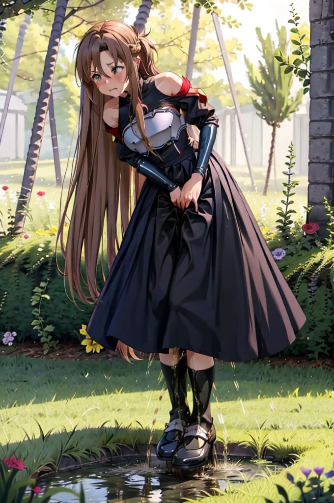 masterpiece, Best quality, a high resolution, absurdity, Ultra detailed, cute eyes, cute_hands,
aaaasuna, long hair, Brown hair, hair, Brown eyes, bare shoulders, armor, breastplate, black latex sleeves, cut off sleeves, red latex skirt, pleated skirt, crossing black latex stockings_fields, Castle, flowers, trees, grabbing between her legs needing to pee urgently, can't hold it, (pees through her skirt: 1.5), leaning forward, muddy pond, fantasy, face expression in disbelief, defeated accepting the inevitable, embarrassed, ashamed, blushing, leaning against tree, 
 