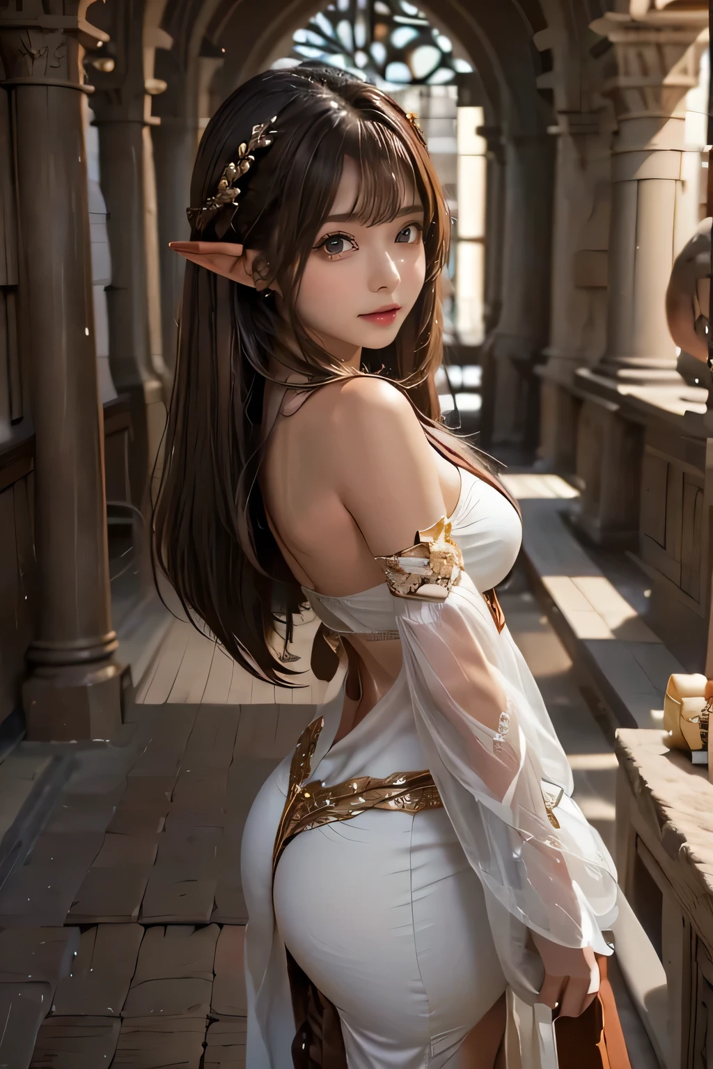 ((Medieval fantasy setting)). Tags: super detail, high details, high quality, best quality, highres, 4K, detailed face, face fix, detailed hands, detailed fingers, portret, 1girl "Echo is a 22-year-old half-elf. She has light brown skin. Thick light chestnut hair with caramel highlights and soft waves. Brown eyes with green hues. Her beautiful face is oval with soft features and pronounced cheekbones. She has full and attractive lips with a natural blush. A slight scar over her right eyebrow. Her ears are small like a human's but pointed like an elf's. Her physique is athletic and slim, she toned and flexible. She has a round and elastic body shapes." Clothing. Style: Tight-fitting bodysuit made of elastic mesh, which completely hugs the body, emphasizing its shape. Exposed breasts and private parts leave the body visible for inspection. Top: The plunging neckline leaves the chest completely exposed, supported only by thin straps. Bottom: The bottom of the bodysuit exposes intimate areas, leaving only decorative strips of lace that emphasize the thighs. The back is open. Echo seduces others. She demonstrates her body in candid poses. Background: An outdoor fantasy medieval festival. Tags: (Harness Breasts), (Crotchless Panties), (Butt Crack), (pussy visible, butt visible, breasts visible, uncensored)