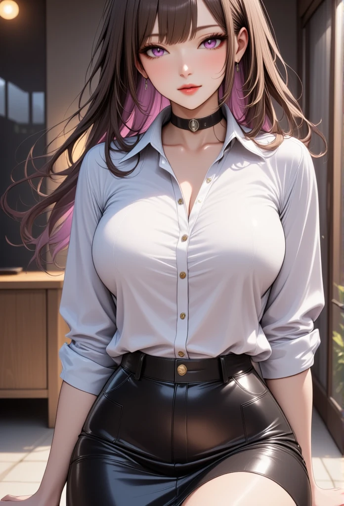 1 mature beautiful woman,(Best Quality,Extremely detailed depiction,Incredibly absurd high definition,Anatomically accurate,Beautiful legs,Detailed pupil,Porcelain-like skin,High quality anime drawings:2.0),(Office Lady,An excellent female secretary,Villainess,Glasses:2.3),(business suit,Latex tight skirt,Formal Shirt,tie,Black tights,Luxurious accessories,Black Leather Choker,High heels),eyelash,(Purple Eyes,Crazy Eyes,Half-closed eyes:2.0,Large Breasts,Wicked Smile:2.3,Glossy lips,Mouth open:2.0,Touching your mouth with your fingers:2.0,Seductive gestures:2.0,forward leaning posture,blush),whole body:2.0,:From below:1.5