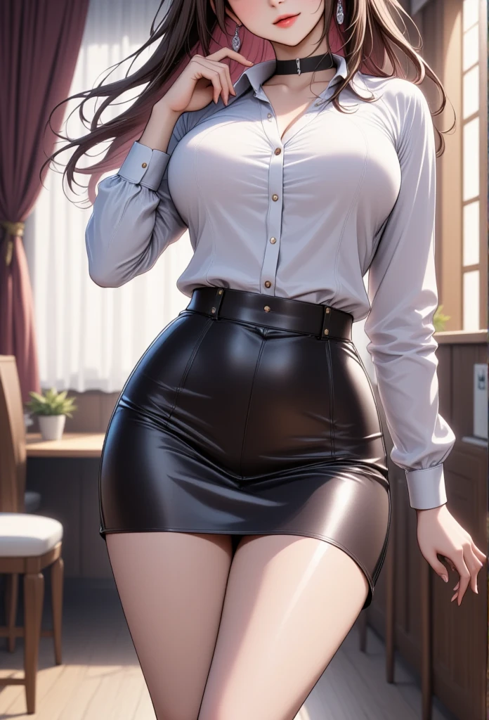 1 mature beautiful woman,(Best Quality,Extremely detailed depiction,Incredibly absurd high definition,Anatomically accurate,Beautiful legs,Detailed pupil,Porcelain-like skin,High quality anime drawings:2.0),(Office Lady,An excellent female secretary,Villainess,Glasses:2.3),(business suit,Latex tight skirt,Formal Shirt,tie,Black tights,Luxurious accessories,Black Leather Choker,High heels),eyelash,(Purple Eyes,Crazy Eyes,Half-closed eyes:2.0,Large Breasts,Wicked Smile:2.3,Glossy lips,Mouth open:2.0,Touching your mouth with your fingers:2.0,Seductive gestures:2.0,forward leaning posture,blush),whole body:2.0,:From below:1.5