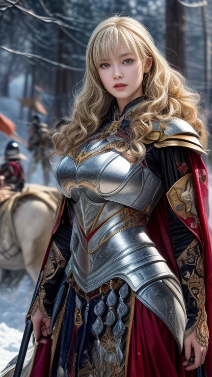 Very beautiful woman、Slender women、(Detailed face)、Realistic Skin、((Holy Knight)), ((Pearl White Armor))、((((Highly detailed and intricately decorated black armor:1.1))))、((Delicate photo))，(Girl Astute RAW Photo Details:1.25), (Please redeem:1.6), (Super A high resolution:1.5), (Realistic:1.75), 8k resolution, Canon EOS R5, 50mm, Absurd, Super detailed,Cinema Lighting,((battlefieldfield))、((battlefield))、(((White embroidered skirt)))、Thigh-length socks、Shin guards、((blonde))、((Curly Hair))、((Drill Hair))、((Short wavy hair with bangs,))、Get a six pack、Cape、Beautiful Armor、(((is a huge weapon)))、(During combat)、The wind is blowing、((Symmetrical Armor))、((((Blizzard))))、(((Leading a large number of knights:1.2)))、banner、Ice Goddess-inspired armor、(((Intense battlefield scenes)))