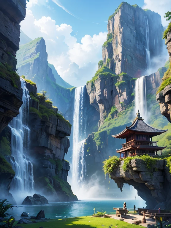 arafed view of a waterfall with a pagoda and a waterfall in the background, fantasy matte painting，cute, scenery artwork, game art matte painting, illustration matte painting, dota! matte painting concept art, dota matte painting concept art, 2. 5 d cgi anime fantasy artwork, dreamy matte painting, fantasy matte painting, avatar landscape, game map matte painting