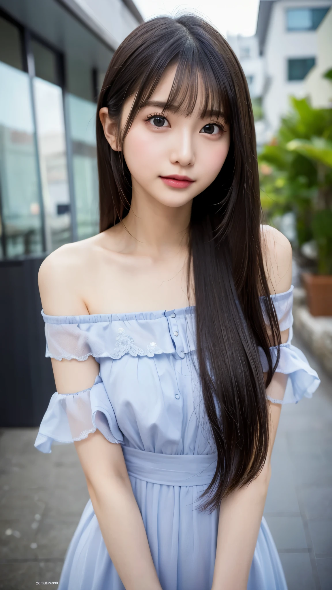 High resolution, highest quality, perfect dynamic composition, beautiful and fine eyes, off shoulder、shining hair、medium hair, natural color lip, university student、Harajuku、slight smile、Crouched figure、M-shaped legs

