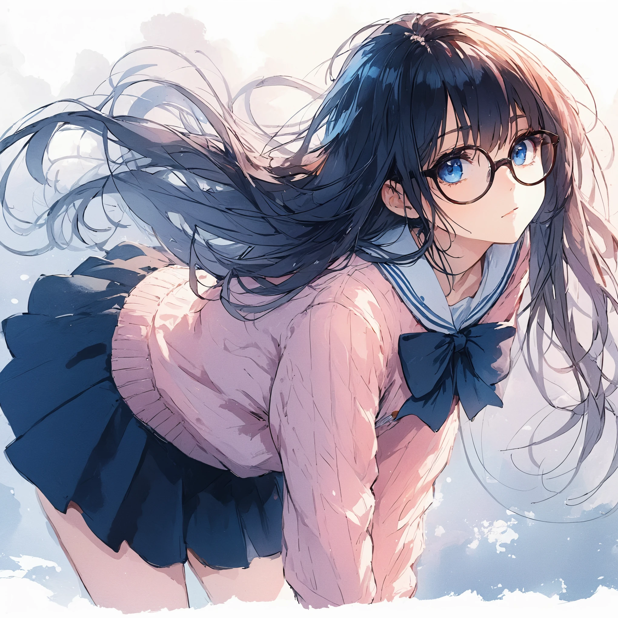 Official art using high quality hand-drawn watercolor sketch techniques. (Best Quality,4K,8k,High resolution,masterpiece:1.2),Super detailed,Beautiful detailed eyes,Girl with beautiful eyes, everyone, Beautiful Anime Girls, Cute Anime Girl, Smooth Anime Art, Anime Style, Elegant colors, Soft lighting, Delicate beautiful glasses, Very shy, (Beautiful big breasts:1.2), (correct hands:1.2),glasses