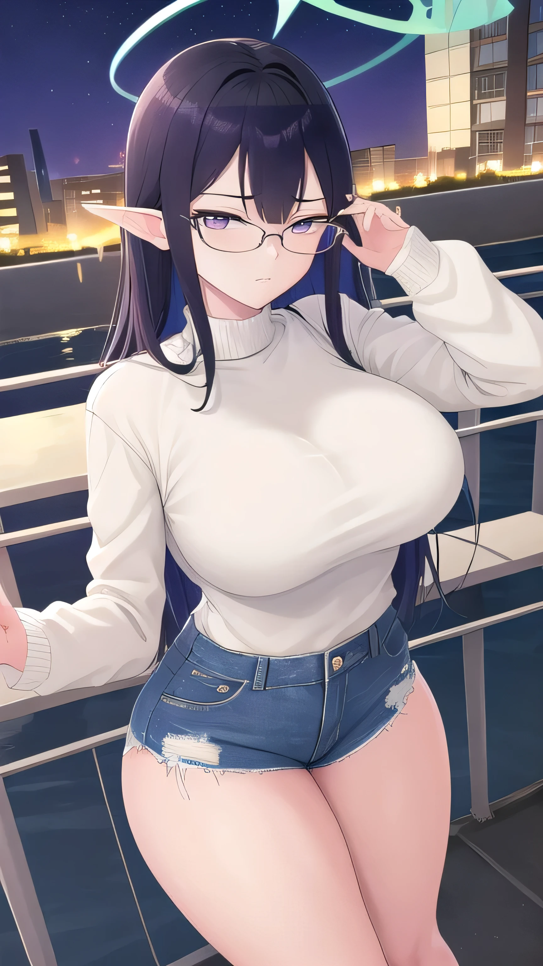 masterpiece, best quality, 1girl, solo, mature female, adjusting eyewear, white eyewaer, standing, rin, halo, sweater, Denim hot pants, Thigh thick, night, outdoors, dynamic pose,