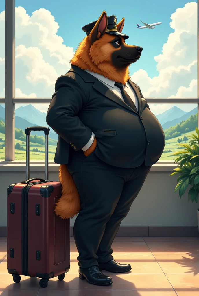 airline pilot, a plump middle-aged german shepherd man, full body in Michelangelo Buonarroti style, digital illustration anime, character focus, full body, looking away, from above, BREAK clothed, airline hat, airline black color suit, trolley case, walking, detailed painting  landscape, morning, airport, passenger terminal, indoor, complete anatomy, perfect proportions, beautiful thigh gap, fluffy body, intricate fur details, beautiful fur texture, BREAK detailed german shepherd 1tail, detailed shoes, beautiful foot, detailed hands, 5fingers, 5fingers nails, BREAK aesthetic anime face, insanity detailed face, male face, big face, square jawline, aesthetic anime eyes, detailed brown eyes, detailed brown cornea, detailed dark brown irises, detailed pupils, male eyes, big eyes, male eyebrows, innocent look, beautiful beard, BREAK masterpiece, official art, best quality, very aesthetic, absurdres, super fine illustration, great quality, BREAK noise reduction, very highres, large filesize, high quality, 32K, 8k wallpaper, dynamic lighting, BREAK insanity detailed, ultra detailed, intricate details, extremely detailed, detailed texture, an extremely delicate and beautiful, full color, HDR, BREAK e621 uncut tag, Fur Affinity illustration, osukemo, kemohomo, anthropomorphic, furry, cartoon, harmonious, pastoral, virtuous, airport atmosphere 