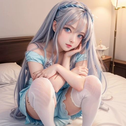 Maximum image quality, ultra high resolution, (real photo: 1.4), Japan people, 18 years old, front view, sky blue hair, long hair, blue eyes, (thin body), pale skin like android, small breasts, bend both knees, hold both knees with hands, white lingerie, white panties, visible under the dress, white panties, (((crotch)), short skirt, thin legs, white high heels, smile, cute, light makeup, white cloak, Black string tie, sky blue dress, princess line, small teardrop earrings, on bed, five fingers, two legs