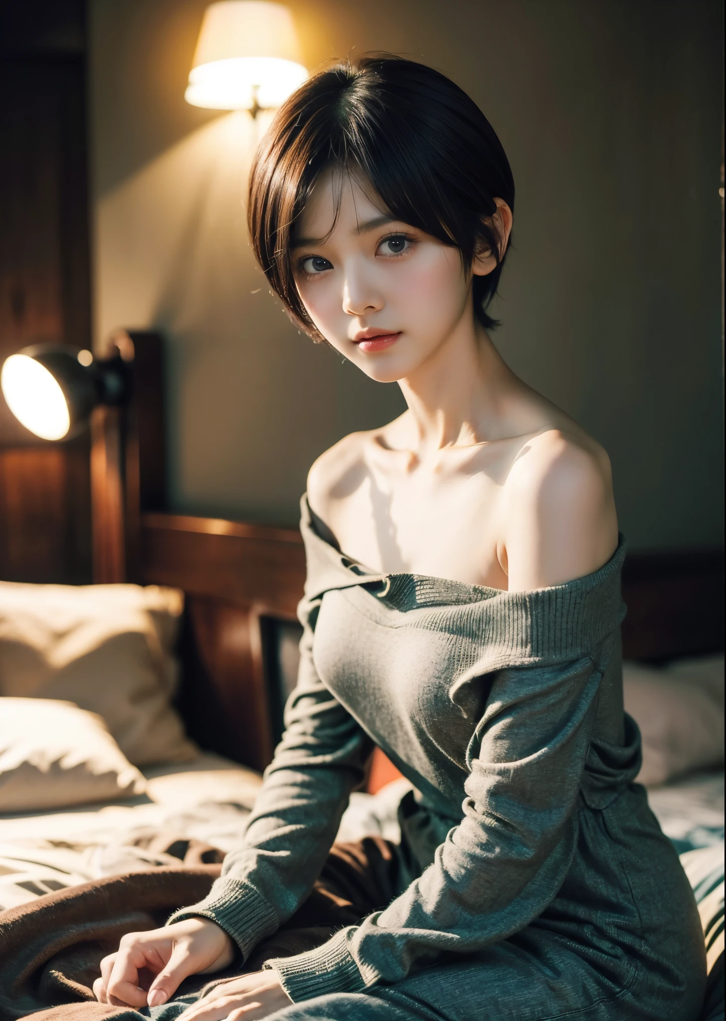 ((night view、realistic light、Top image quality、8K、Masterpiece:1.3))、1 girl in、slim and beautiful figure:1.4、(brown hair、Medium chest:1.3)、off-the-shoulder cropped top:1.3、sofa、Very rich facial details、Detailed eyes、double eyelids、Arav woman wearing black top and grey jacket, Photos of Ayami Kojima, Instagram, Neo-Dadaism, Kiko Mizuhara, short hair, chin length hair, Avatar profile picture, bob haircut, Black-haired Ishidaho, bob haircut, French bob hair, Dilireba, black bob hair
