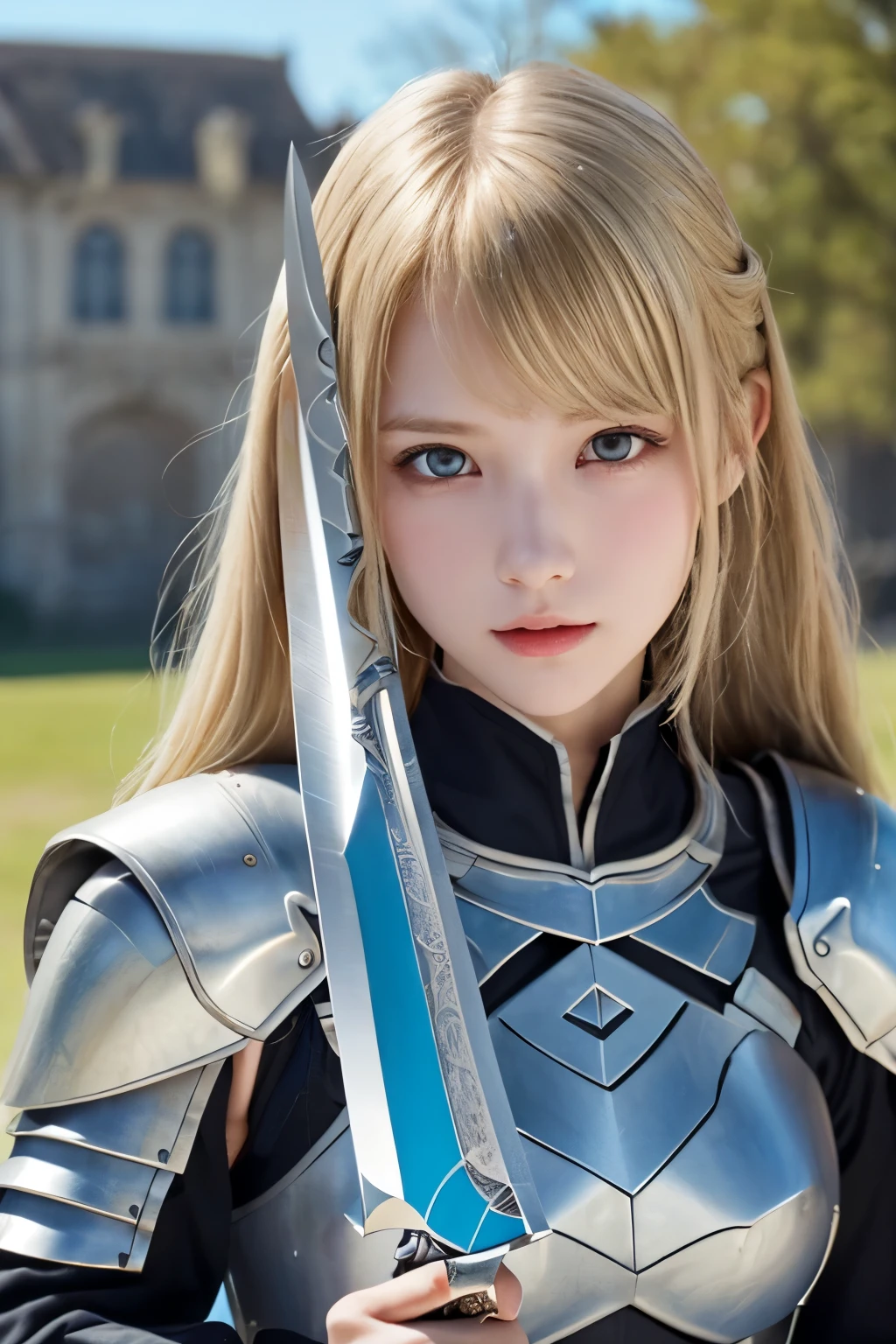 1girl, (a beauty girl, delicate girl, beautiful girl, innocent girl, childlike, childish:1.3), (14yo:1.3),
break, (knight, (shining blade, holding a long blade:1.35), full armor:1.3),
break, (cowboy shot, outdoors, castle background:1.2),
break, very fine eyes, (symmetrical eyes:1.3),
break, (flat breasts:0.5), (round face, baby face), (blue eyes:1.2), parted bangs, (blonde hair:1.2),
break, (eyes and faces with detailed:1.0),
break, (masterpiece, best quality, ultra detailed, detailed face, 8k)