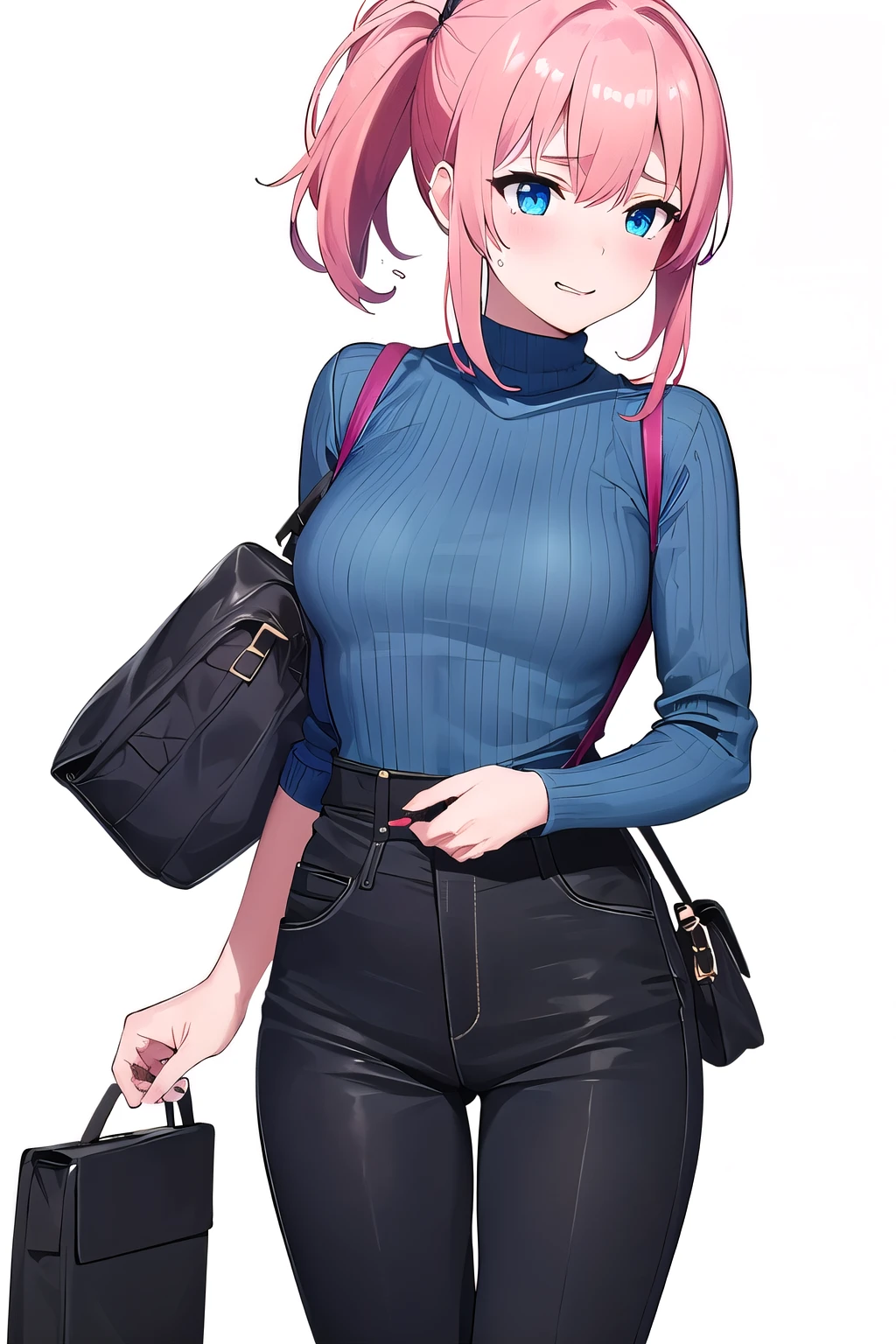 DQ6 Barbara,High Ponytail,Dress,Large breasts、(Best Quality, masutepiece, Raw photo,Ultra-detailed:1.2), 1girl in,Solo,Looking at Viewer,Smile、light beige turtleneck、、Dark blue flared skirt、((Sexy pink lace panties))、((Skirt flips in the wind))、((I can see all my panties))、Pose with emphasis on the buttocks、Shy laughter、Kamimei、Puffy nipple、Chest Emphasis Pose